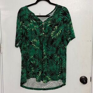 Cathy Tropical Botanical Palm Leaf Print Womens Babydoll Resort Vacation Top 2XL